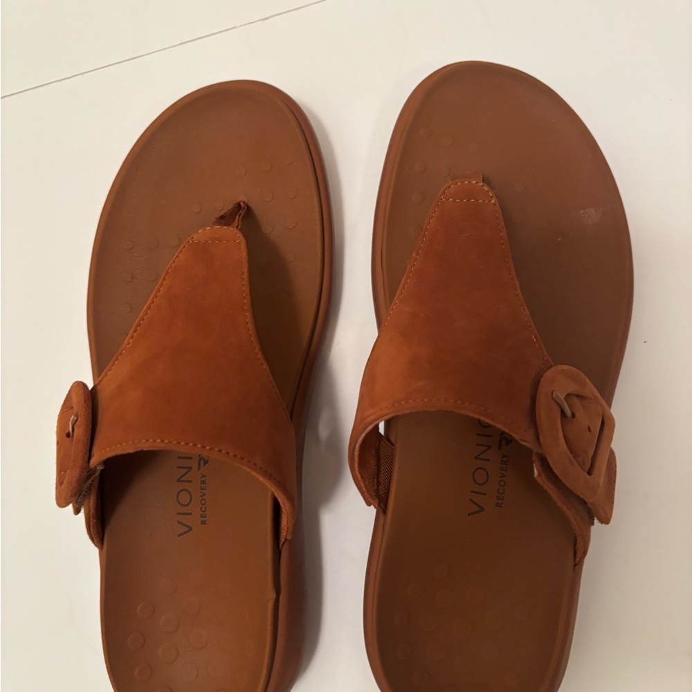 Vionic Tan Suede Leather Slide Sandals